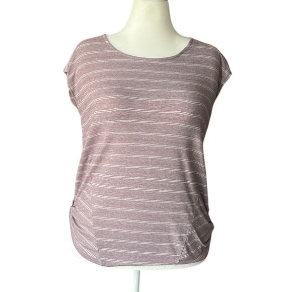 Kuhl Womens Laurel Short Sleeve Shirt Large Mauve Stripe Roll Tab Sides UPF 50 - Picture 1 of 9